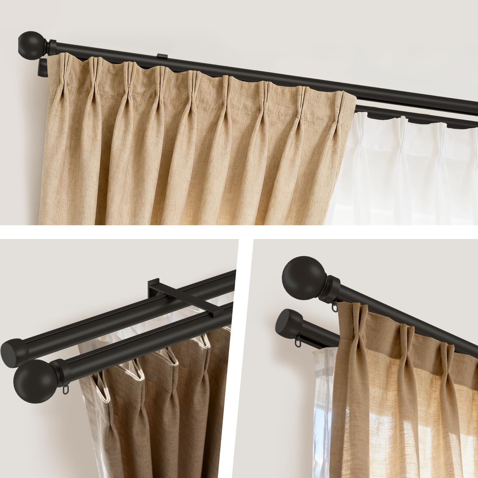 Tringle à Rideaux Double avec Supports, Aluminium Tringle à Rideaux Silencieuse Coulissante à Rails à Double Rangée, Rail de Rideau Double pour Chambre Coucher Salon Hôpital (Noir, 2.2m)