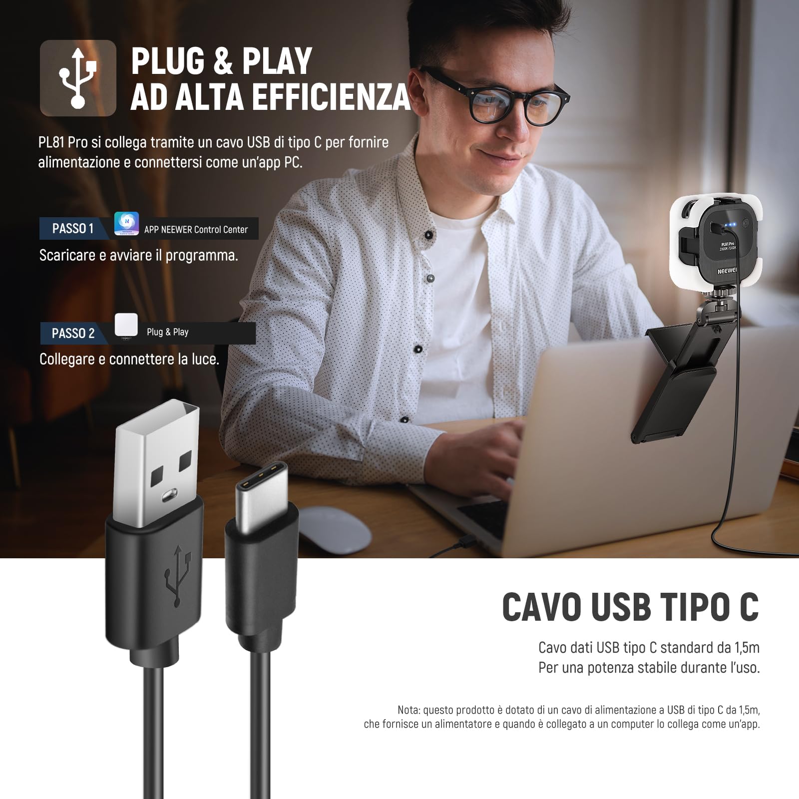 NEEWER Luce LED Streaming Professionale a USB con Controllo APP Laptop Mac/PC, 2 in 1 Stand per Monitor, 2900K-7000K Toni Ampi Selfie Luce Video per Webcam Computer Zoom Videoconferenze, PL81 PRO