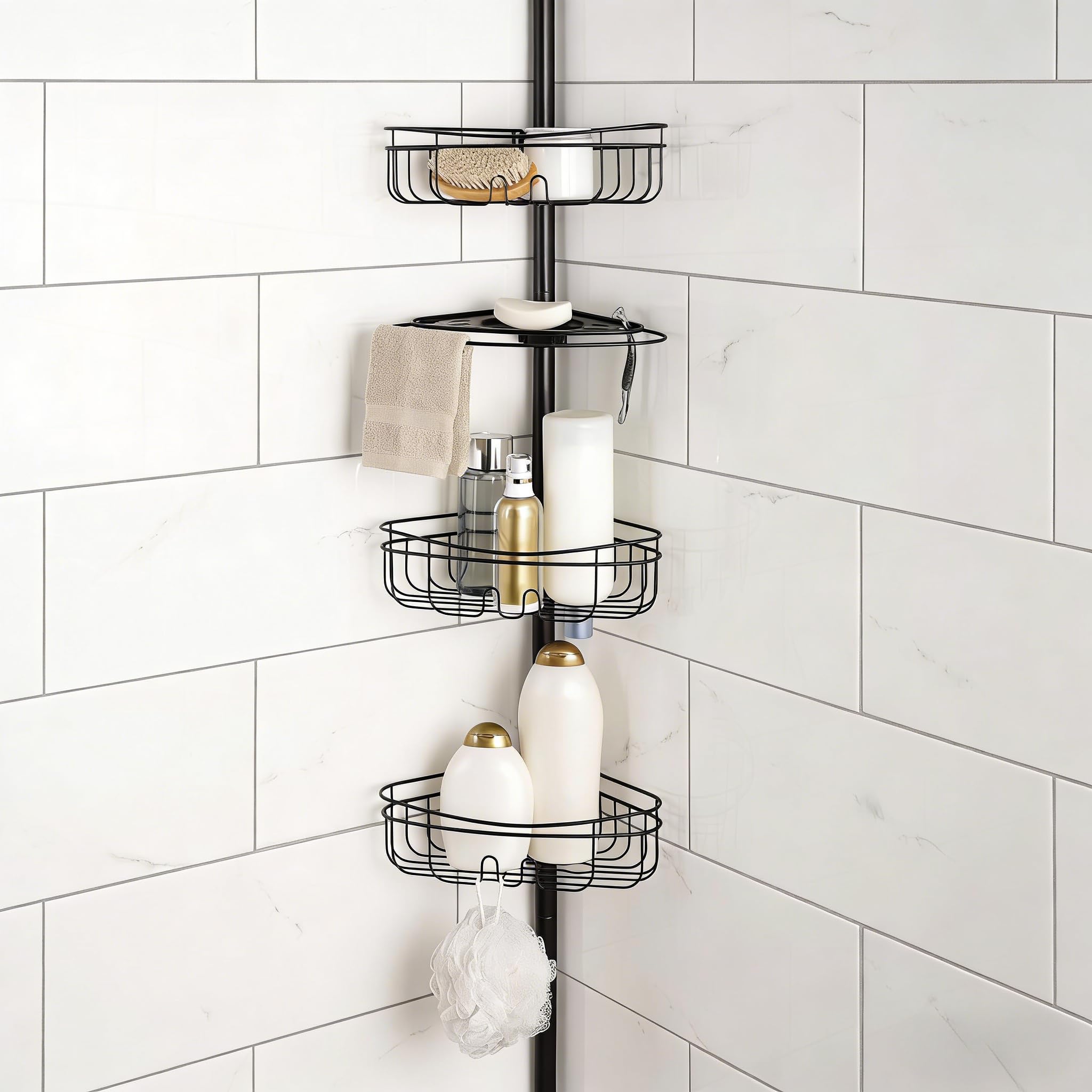 4-Tier Oil-Rubbed Bronze Telescopic Shower Caddy Adjustable Shelves with Soap Dish for Bathroom