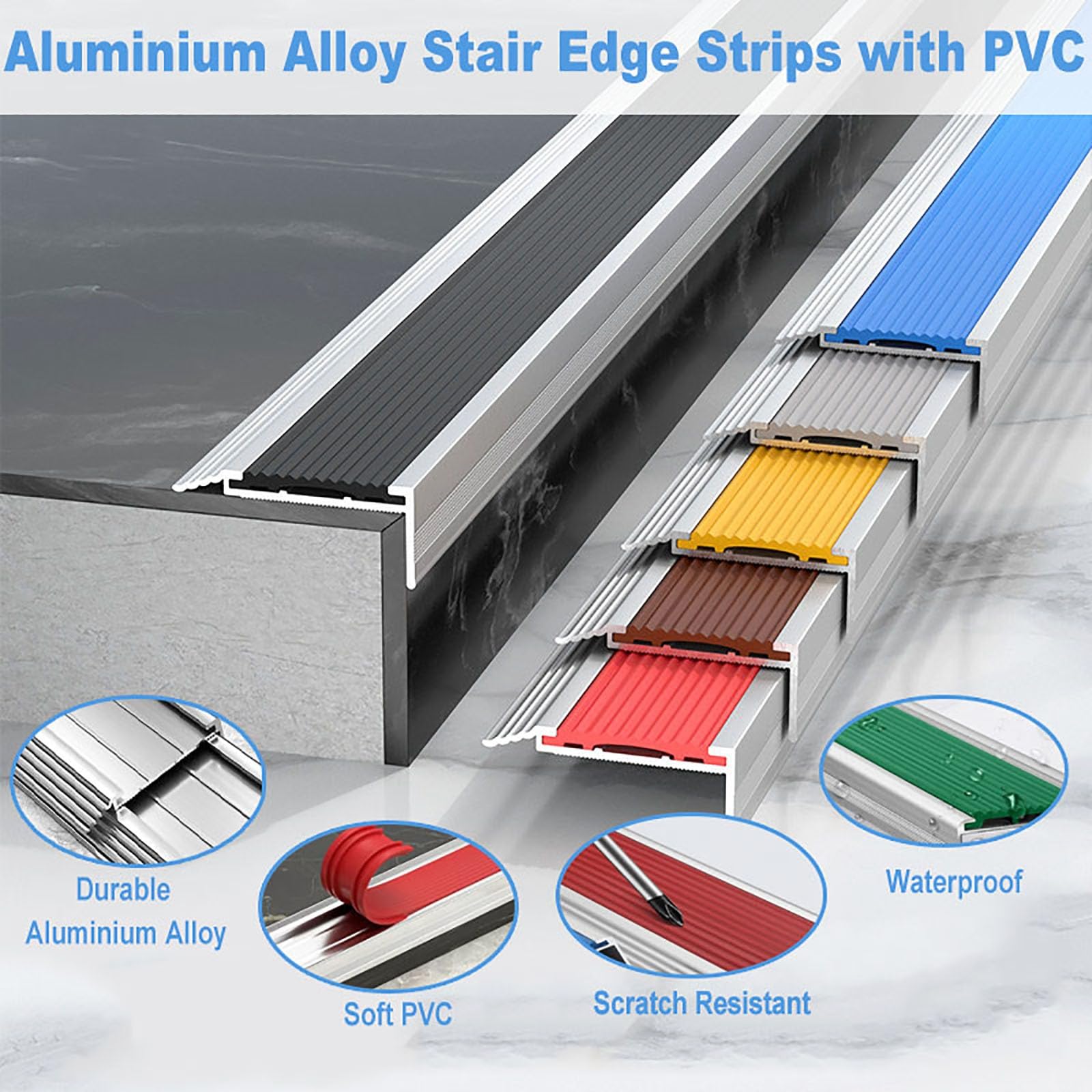 Perfil Protector de Escalera Cantonera De Escalera De Aluminio Con Inserto De PVC, Moldura De Borde De Escalera Para Escalones Interiores/exteriores(L215cm/7.0ft)