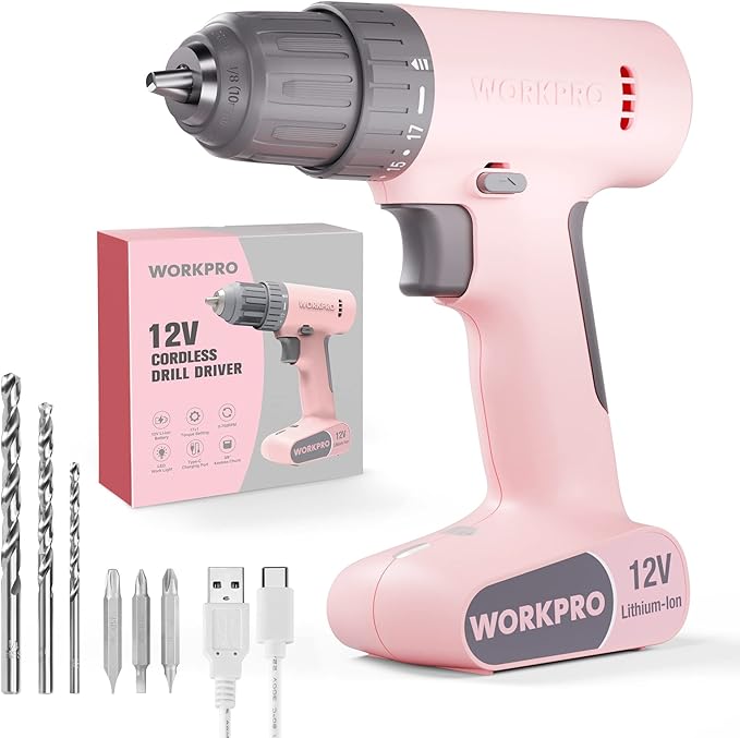 WORKPRO Pink Cordless Drill Driver Set, 12V Electric Power Drill Tool Kit with 6 Pcs