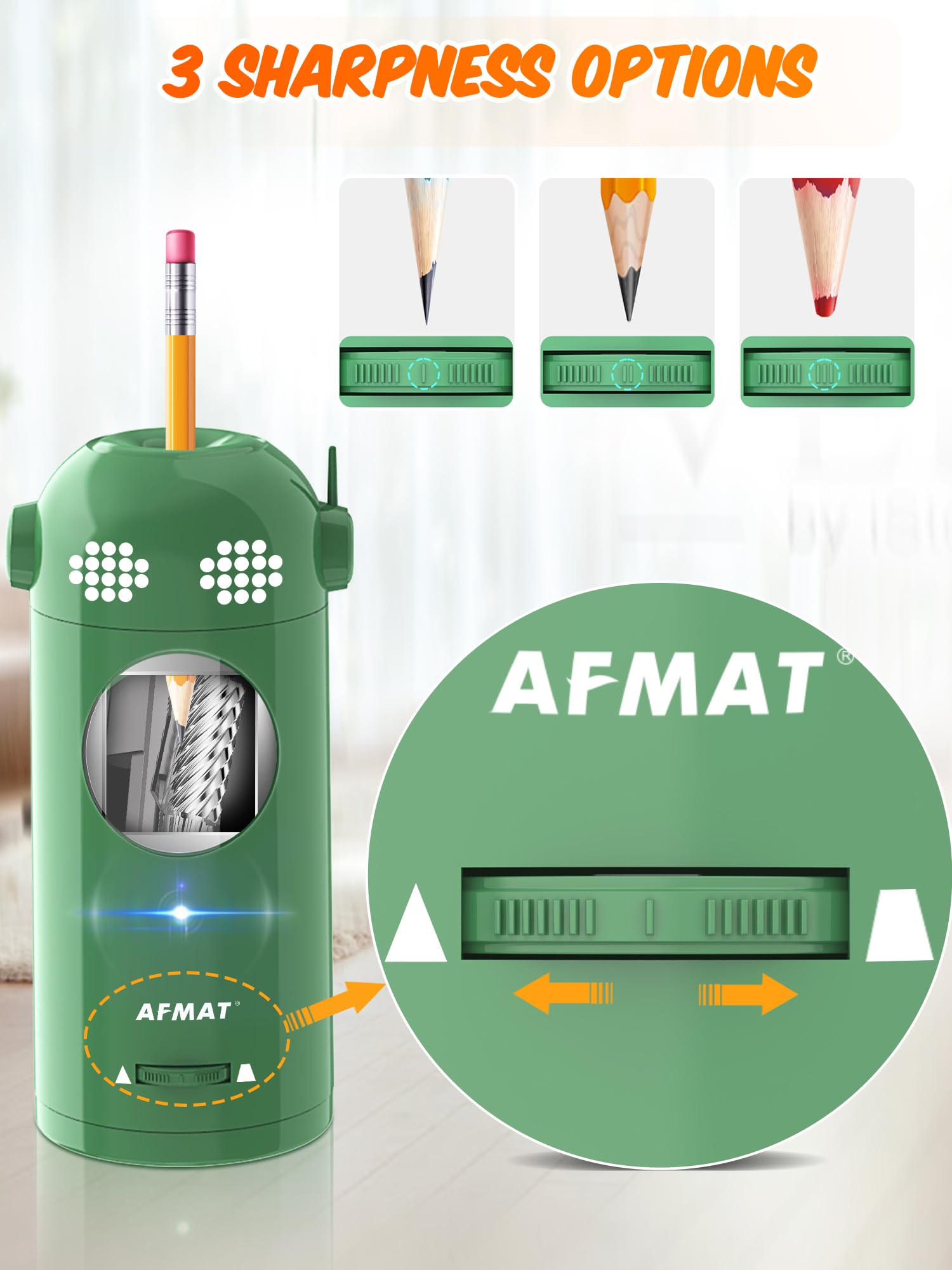 AFMAT Temperamatite elettrico completamente automatico, temperamatite robot per matite da 7 a 11,5 mm, temperamatite ricaricabile, mani libere, temperamatite a batteria per casa, ufficio,