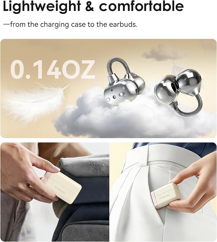 King Lucky Open-Ear Clip-On Earbuds for Running, Bluetooth 6.0 Wireless Headphones with Memory Spring, Secure Fit for Small Ears & Glasses Wearers, 45H Playtime, ENC Mic, IPX5 Waterproof (White) image 5