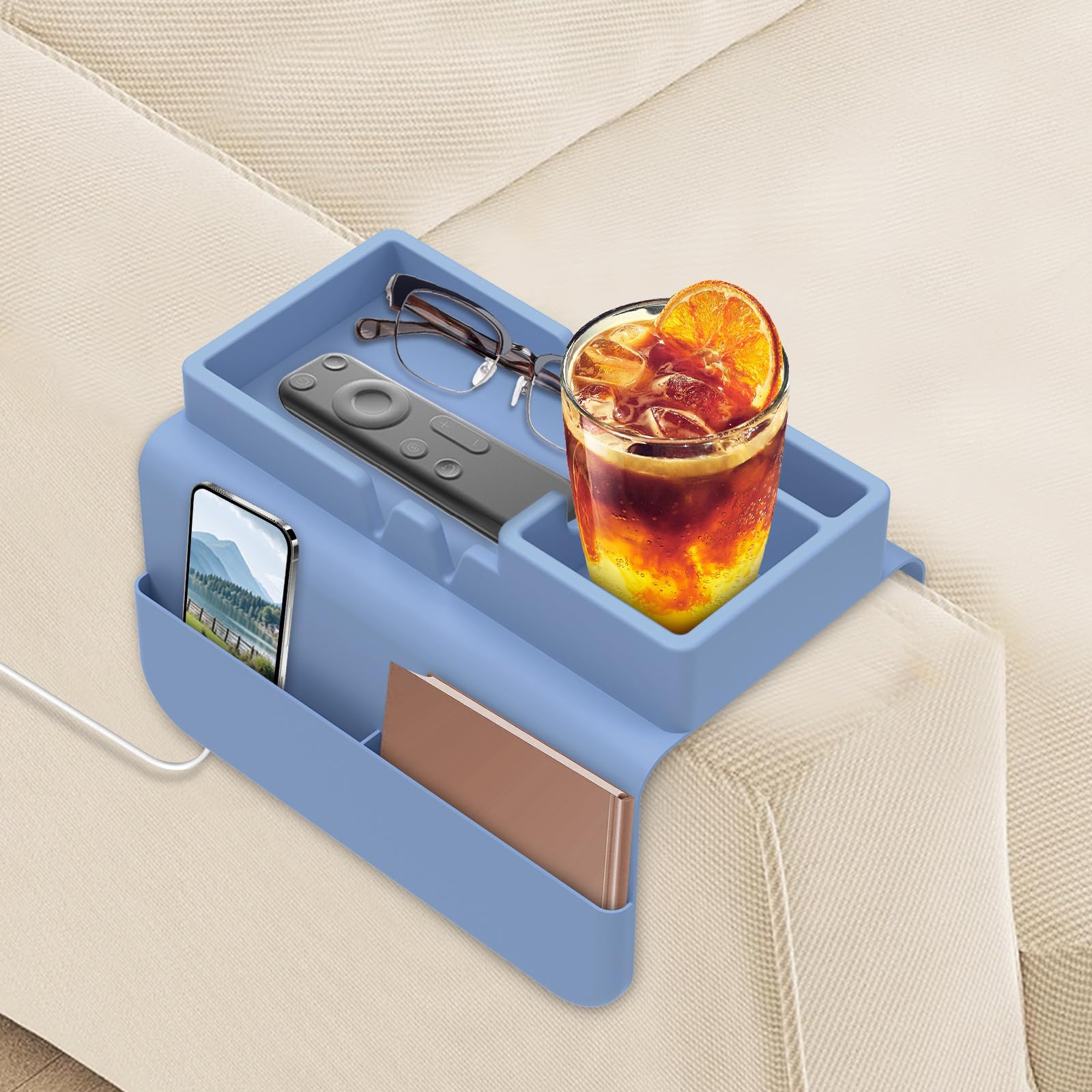 Couch Cup Holder,Silicone Sofa Armrest Tray,Armchair Tray with Dual Side Pockets,Anti-Spill Sofa Drink Holder Arm,Couch Arm Organizer for Drinks/Phone/Tablet/Remote/Snack(Blue)