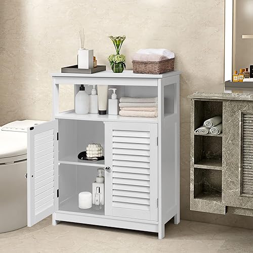 Miniatura 3 de COSTWAY Armario de almacenamiento de baño, organizador de almacenamiento lateral de madera con puertas de listones y estante extraíble, armario de