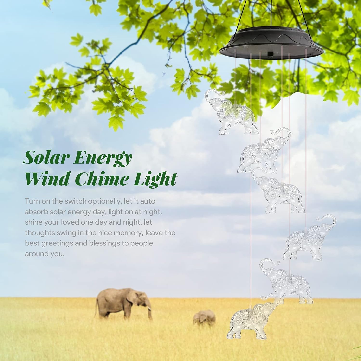 Solar Wind Chimes, 2 Pcs Automatic LED Color-Changing Wind Chimes Elephant/Silver Metal, Hanging Decorative Wind Chime for Yard/Garden/Balcony/Home Decor, Gifts for Mom Grandma Women by HEGUD