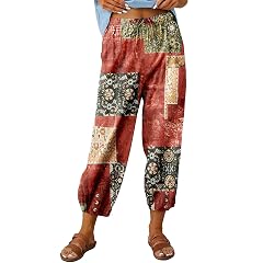Womens Capri Pants High Waist Drawstring Cinch Bottom with Button Cotton Loose Casual Trouser with Pockets