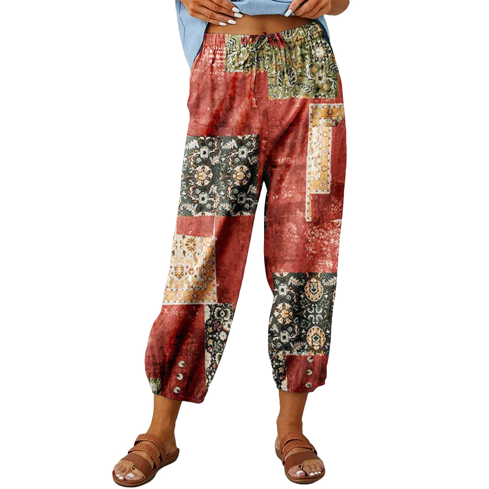 Womens Capri Pants High Waist Drawstring Cinch Bottom with Button Cotton Loose Casual Trouser with Pockets