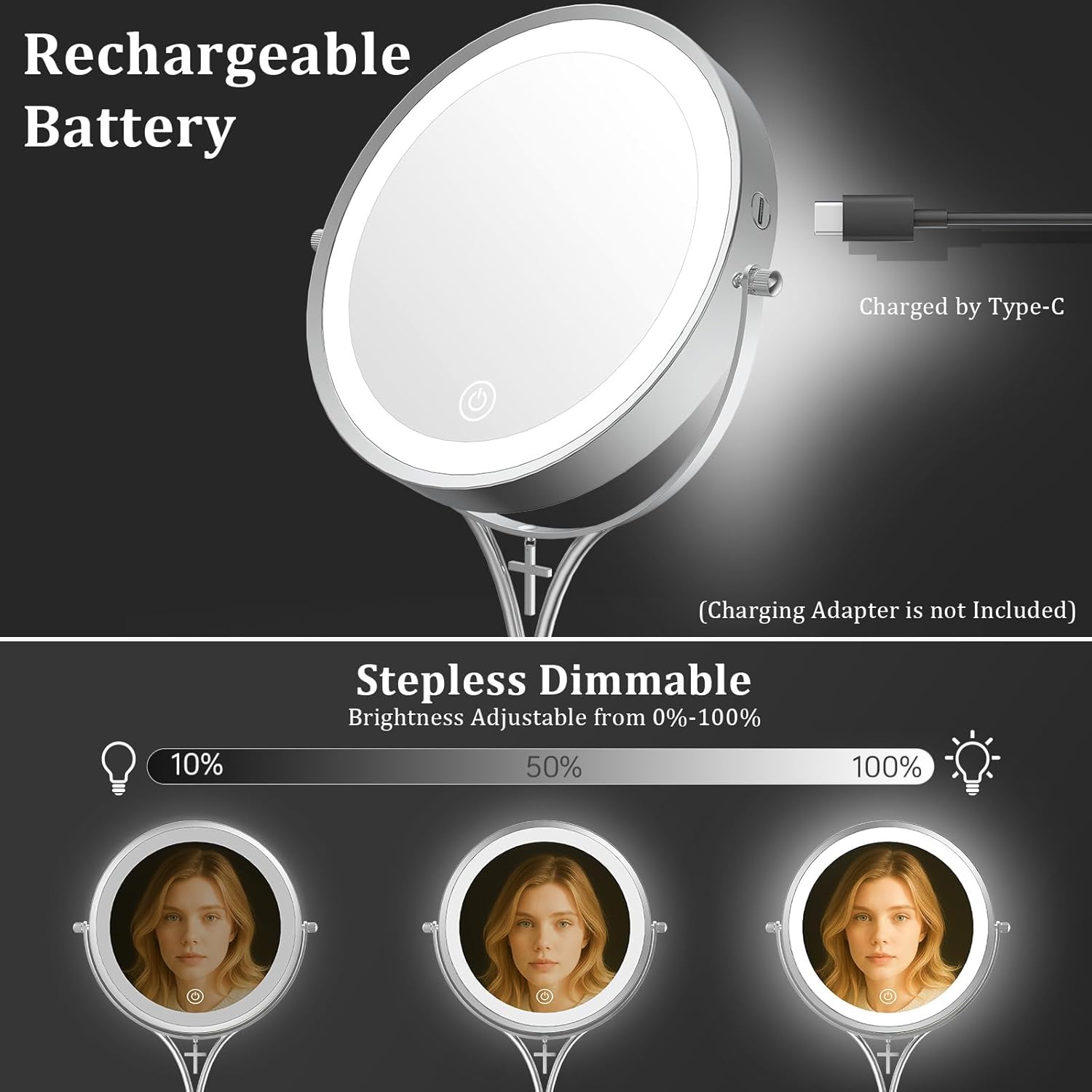1x/10x Magnifying Mirror with 3 Color Lights and Cross Dangle Charm, 7" Lighted Makeup Mirror with Magnification, Height Adjustable Vanity Mirror, Birthday Christian Gifts for Women, Chrome