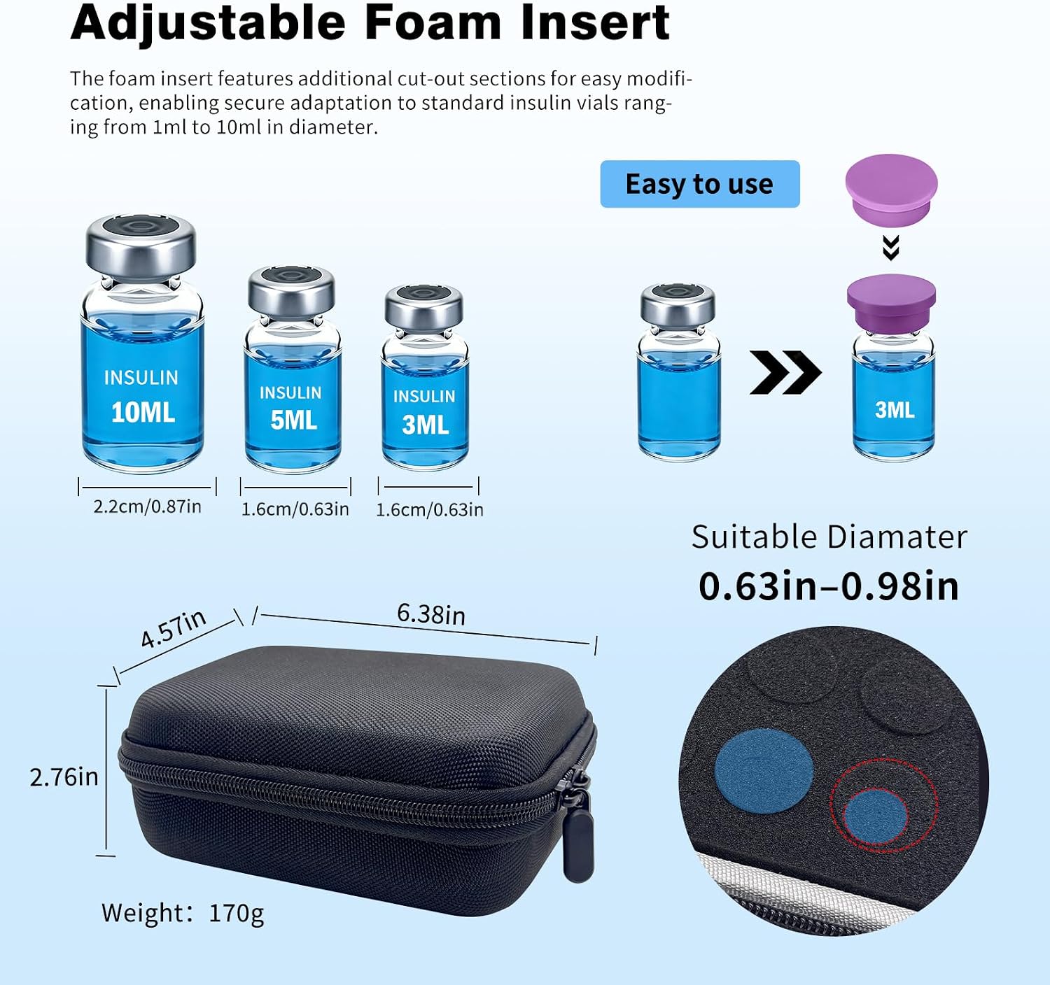 15 Slots Insulin Vial Protector Holder, Peptide Case for Fridge Fits Standard 1ml/3ml/5ml/10ml Vials, Insulin Vial Case for Diabetics(No Vials), Diabetic Care Organizers with 6pcs Vial Caps