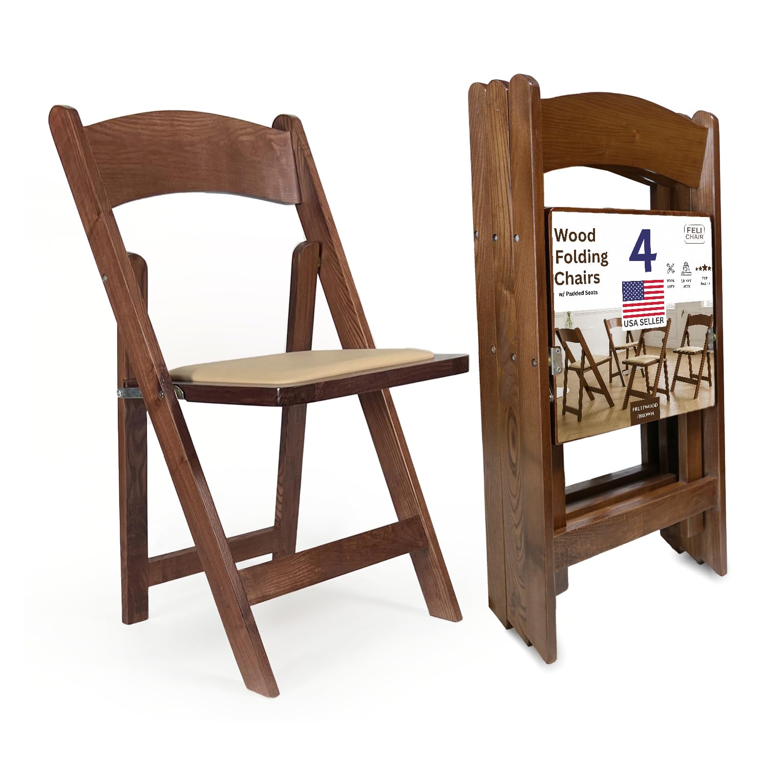 FeliChair Wooden Folding Chairs with Cushion, Stackable Commercial Seats, Chairs for Weddings, Banquets, and Events, Set of 4, Classic Fruitwood