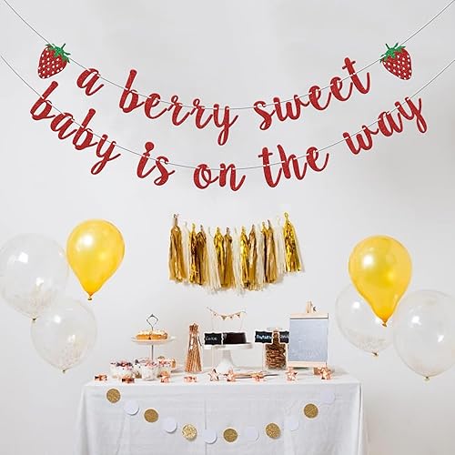 Miniatura 2 de Cartel con texto en inglés A Berry Sweet Baby is On The Way, decoraciones de fiesta de baby shower con temática de frutas dulces y bayas para niños,