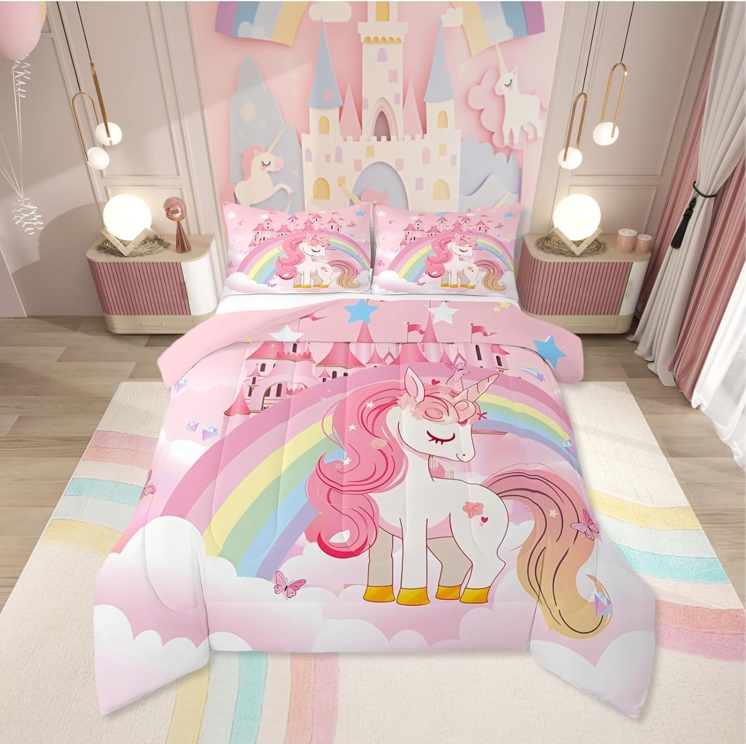 Erosebridal Unicorn Queen Comforter Set for Girls Kids Rainbow Princess Pink Unicorn Bedding Set Teens Adult Kawaii Cute Castle Stars Bed Sets Cartoon Horse Reversible Quilt Fantasy Girls Room Decor