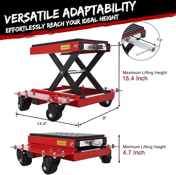 Motorcycle Lift Jack 1200 LBS Capacity, Hydraulic Scissor Lift Table with Dolly & Ratchet Wrench, Mobile Motorcycle Stand for Dirt Bikes, ATVs, Street Bikes, Red