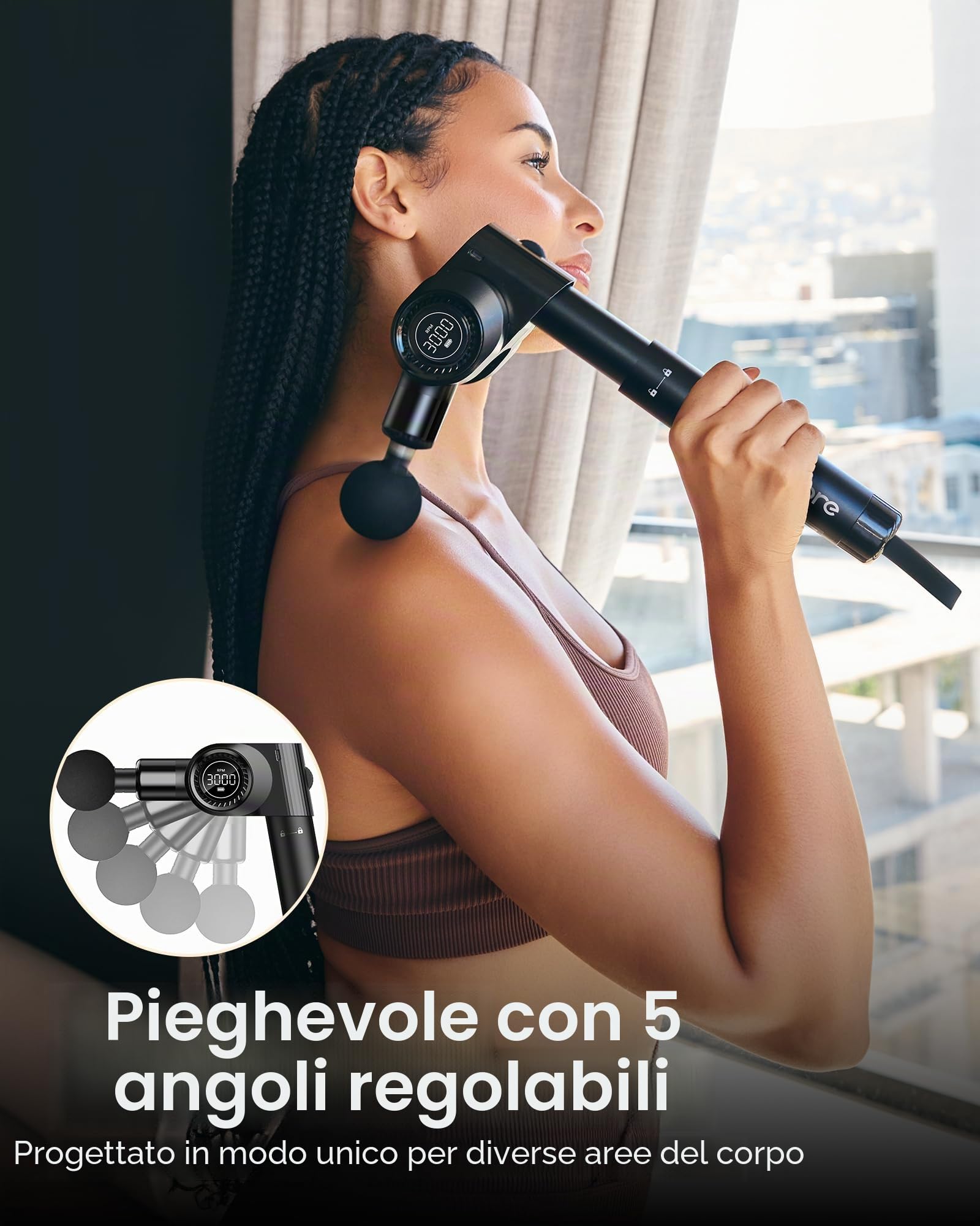 Pistola Massaggio Pieghevole NAPRE: Manico Estensibile & 5 Angoli, Massaggio Schiena/Tessuti Profondi per Dolori, Percussione, 32 Velocità, 6 Testine Silenziosa con Custodia