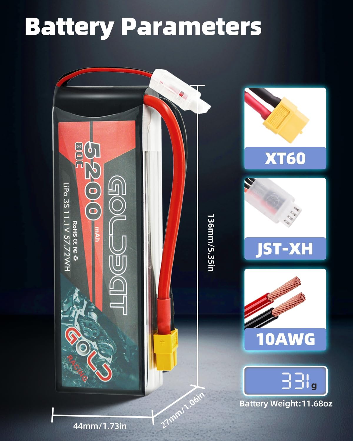 GOLDBAT 5200mAh 3S 11.1V 80C LiPo RC Short Battery Pack with XT60 Connector Softcase for RC Car Truck Quadcopter Airplane Helicopter Boat (2 Pack)
