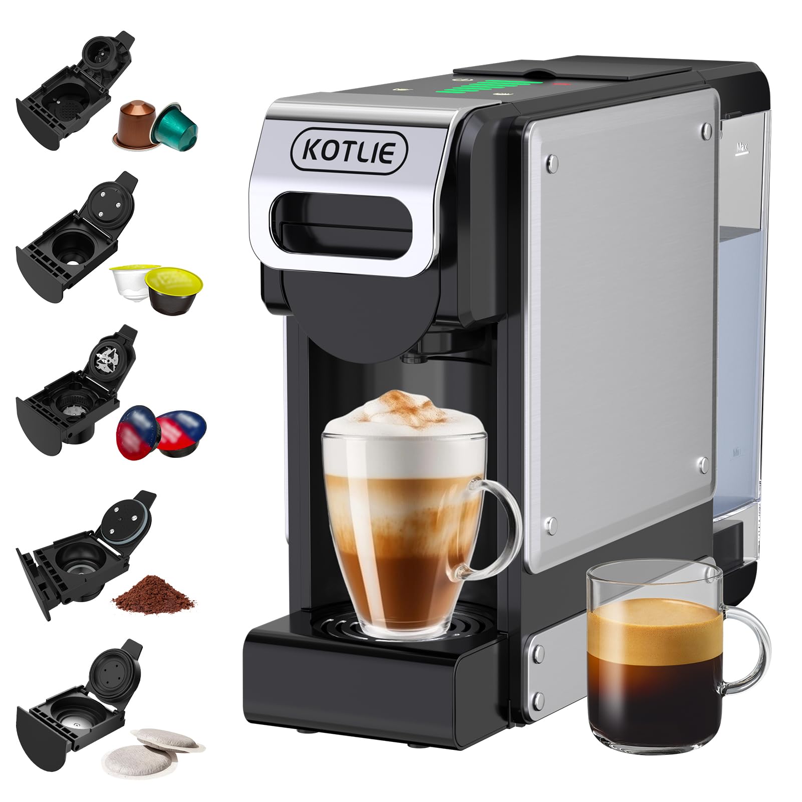 5 en 1 Máquina de Café en Cápsulas 19BAR para Lavazza MIO/Nespresso Original/Dolce Gusto cápsulas y Café Molido/ESE Pod, Máquinas Automáticas de Café Espresso en Cápsulas Pequeñas, 1L, 1450W