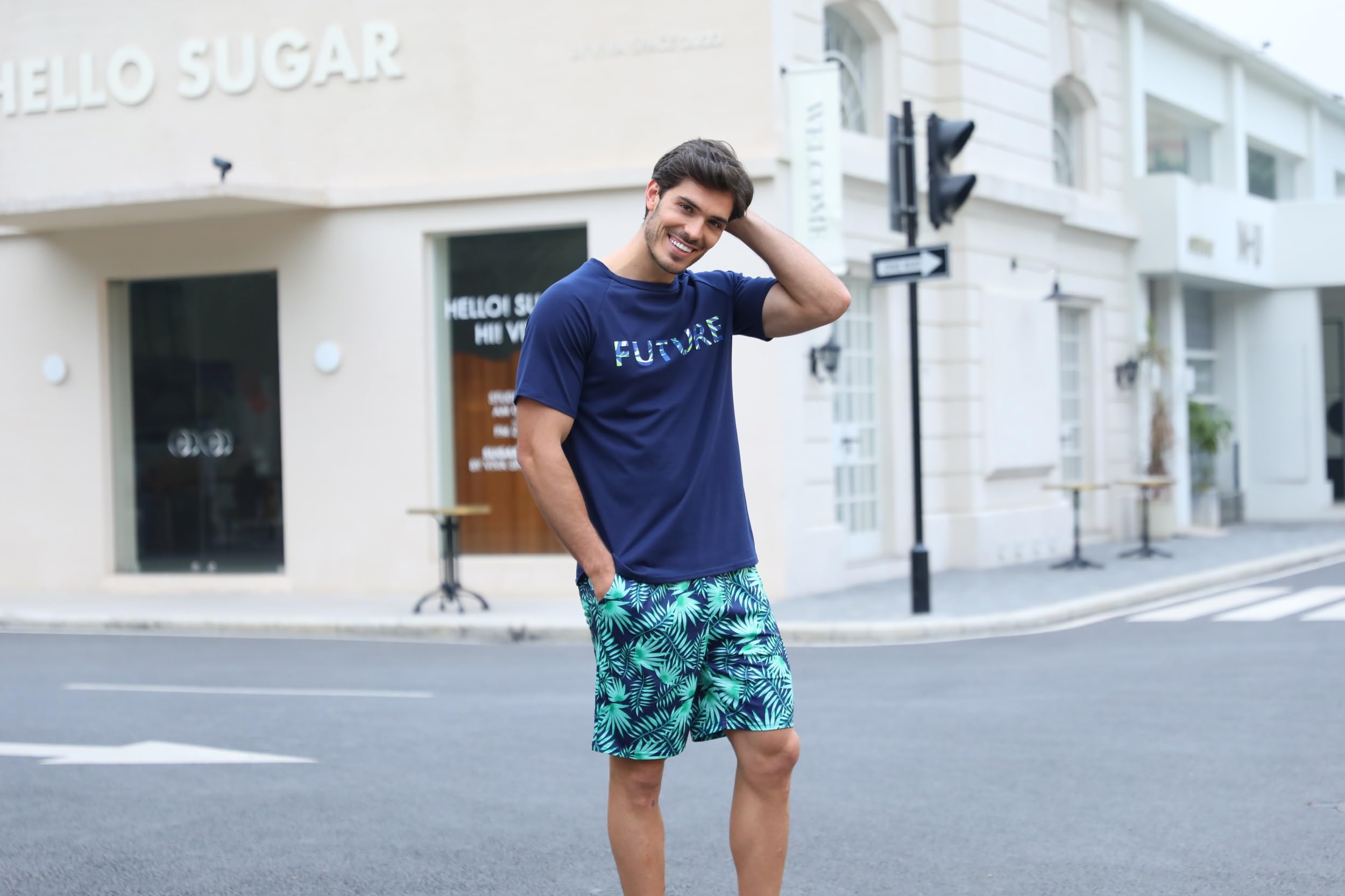 Nieery Pijamas Hombre Verano Conjunto Manga Corta Camiseta Cuello Redondo Pantalones Cortos Camuflaje con Bolsillos S-3XL