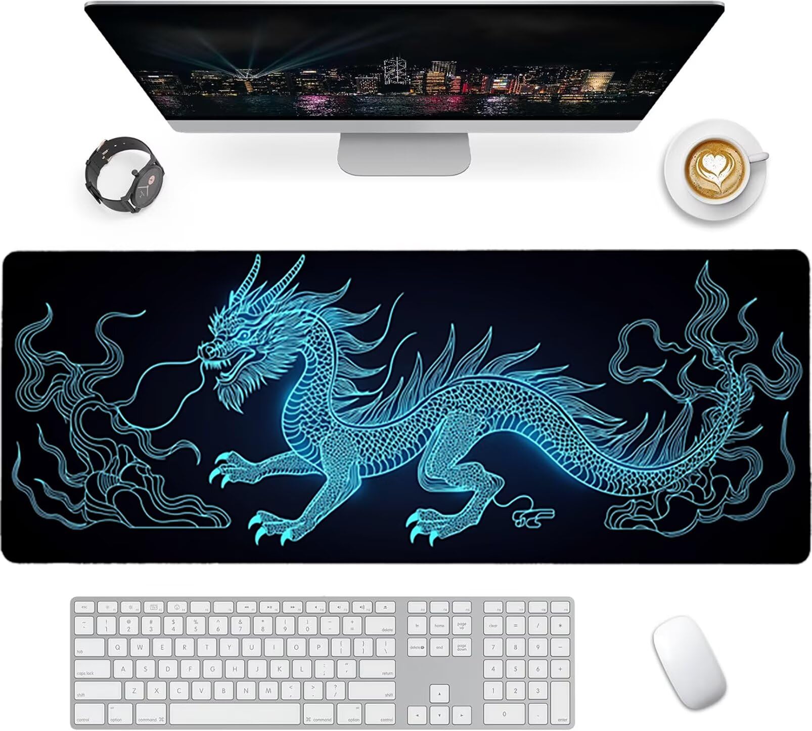 Lpfieonn Drache Großes Schreibtischunterlage, XXL Schreibtischunterlagen, Schwarz XXL Wasserdicht Gaming Mousepad mit Vernähter Rand und Rutschfeste Gummibasis, für Laptop/Hause/Büro 120x60cm PF-2375