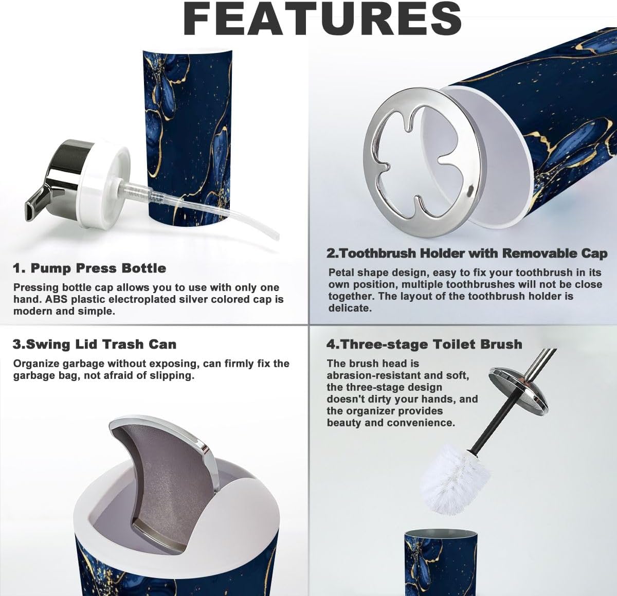 Bathroom Accessory Set 6 Piece Navy Blue Liquid Marble Watercolor Gold Lines Royal Dark Cyan Marbled Toothbrush Holder, Toothbrush Cup, Soap Dispenser, Soap Dish, Toilet Brush Holder, Trash can