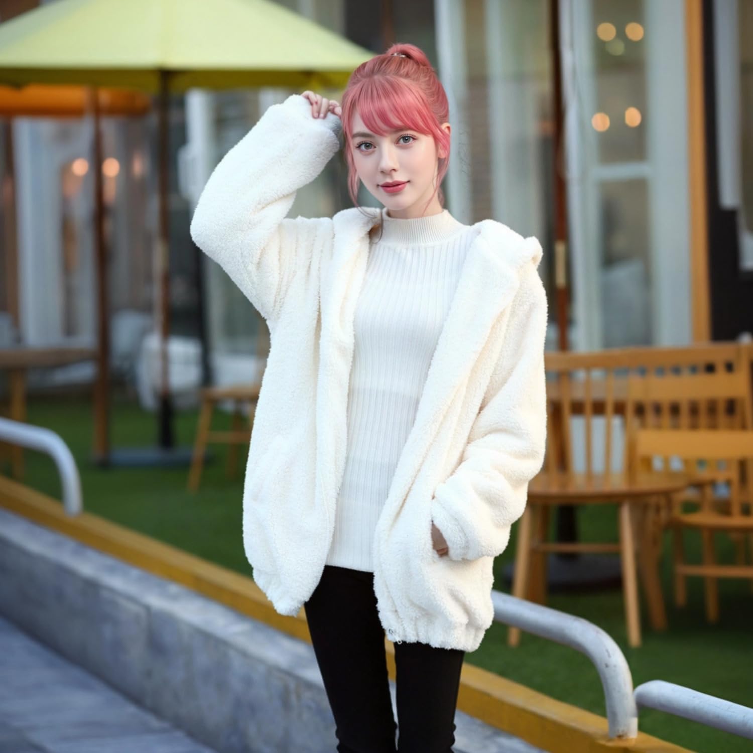 Fluffy Bear Hoodie with Ears for Women Fuzzy Bunny Ear Hoodie Kawaii Bear Sweater Jacket Warm Plush Sweatshirt - Image 7