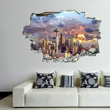 3D Self-adesive Removable Break Through The Wall Vinyl Wall Stickers/Murals Art Decals Stickers Seattle Skyline at Sunset, Washington State, USA 24 x 16 Inch Wall Decor for Kids, Made in USA