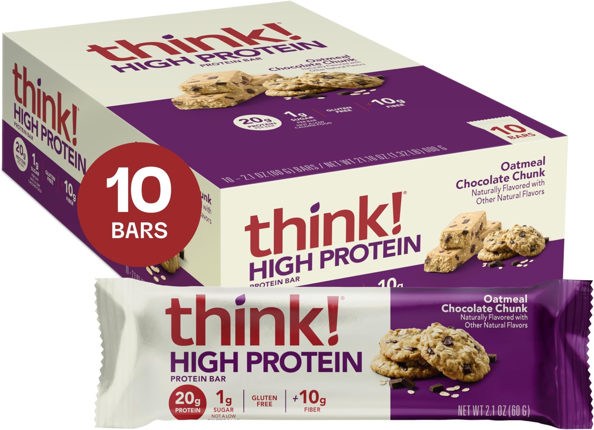 Protein Bars, Protein Rich Snacks, Gluten Free, Kosher Friendly, Oatmeal Chocolate Chip, Pack of 10