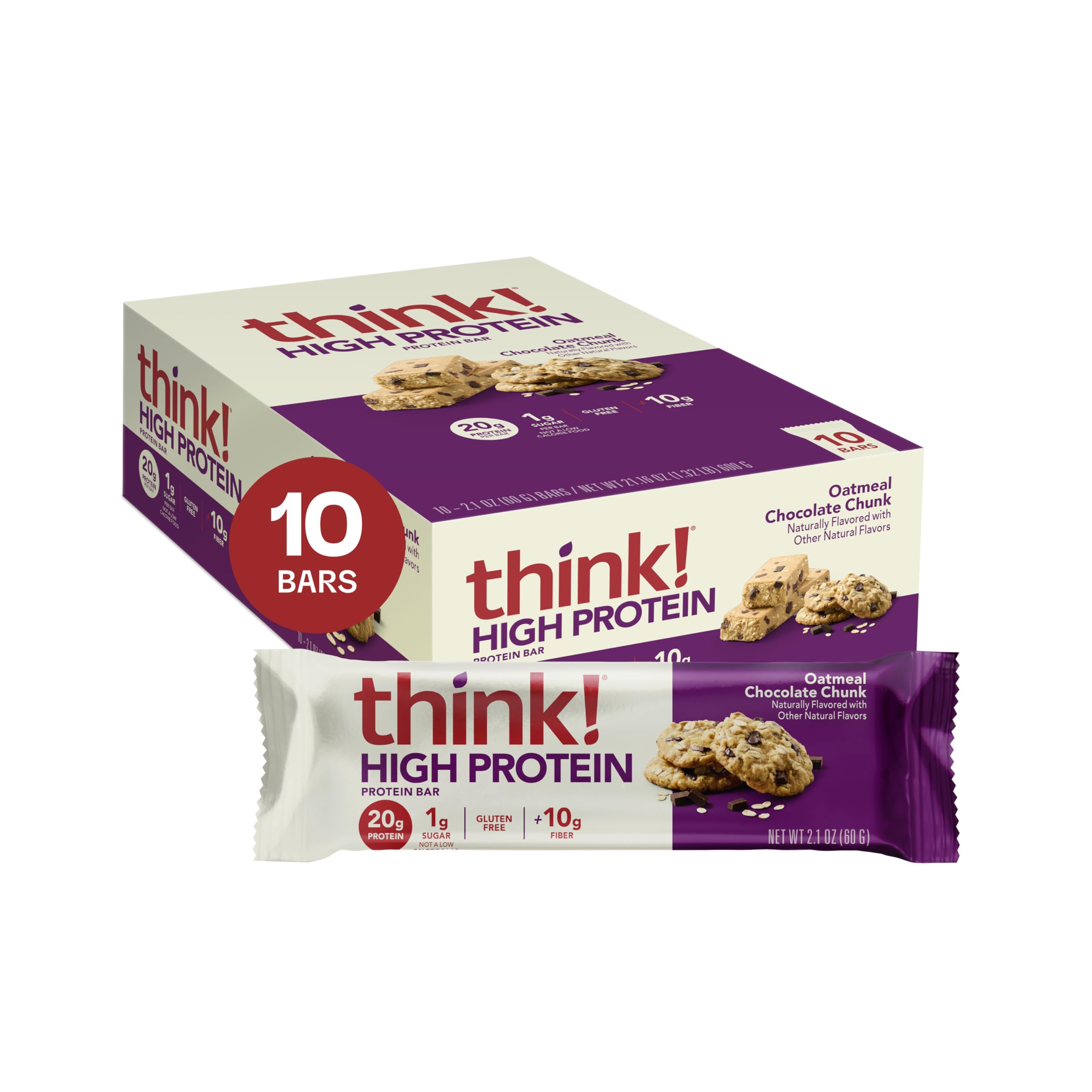 Protein Bars, High Protein Snacks, Gluten Free, High Fiber, Oatmeal Chocolate Chunk, 10 Count