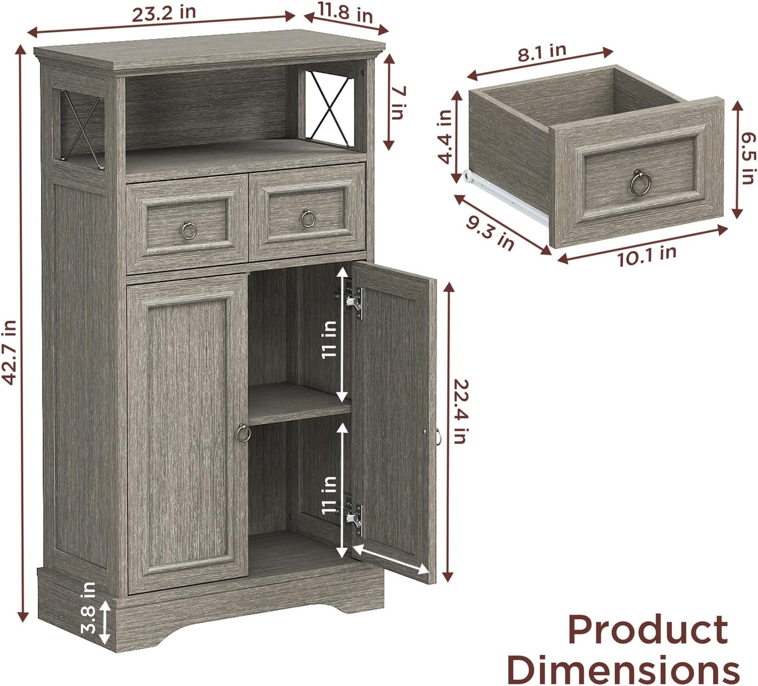 Maupvit Storage Cabinet with Drawers and Adjustable Shelves,Small Floor Storage Cupboard for Kitchen,Living Room,Home Office,Grey