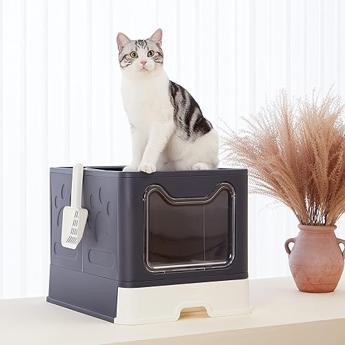 Miniatura 7 de Vealind Caja de arena plegable para gatos con tapa, entrada frontal y salida superior, XXL, extra grande, cubierta de espacio, cajas de arena para