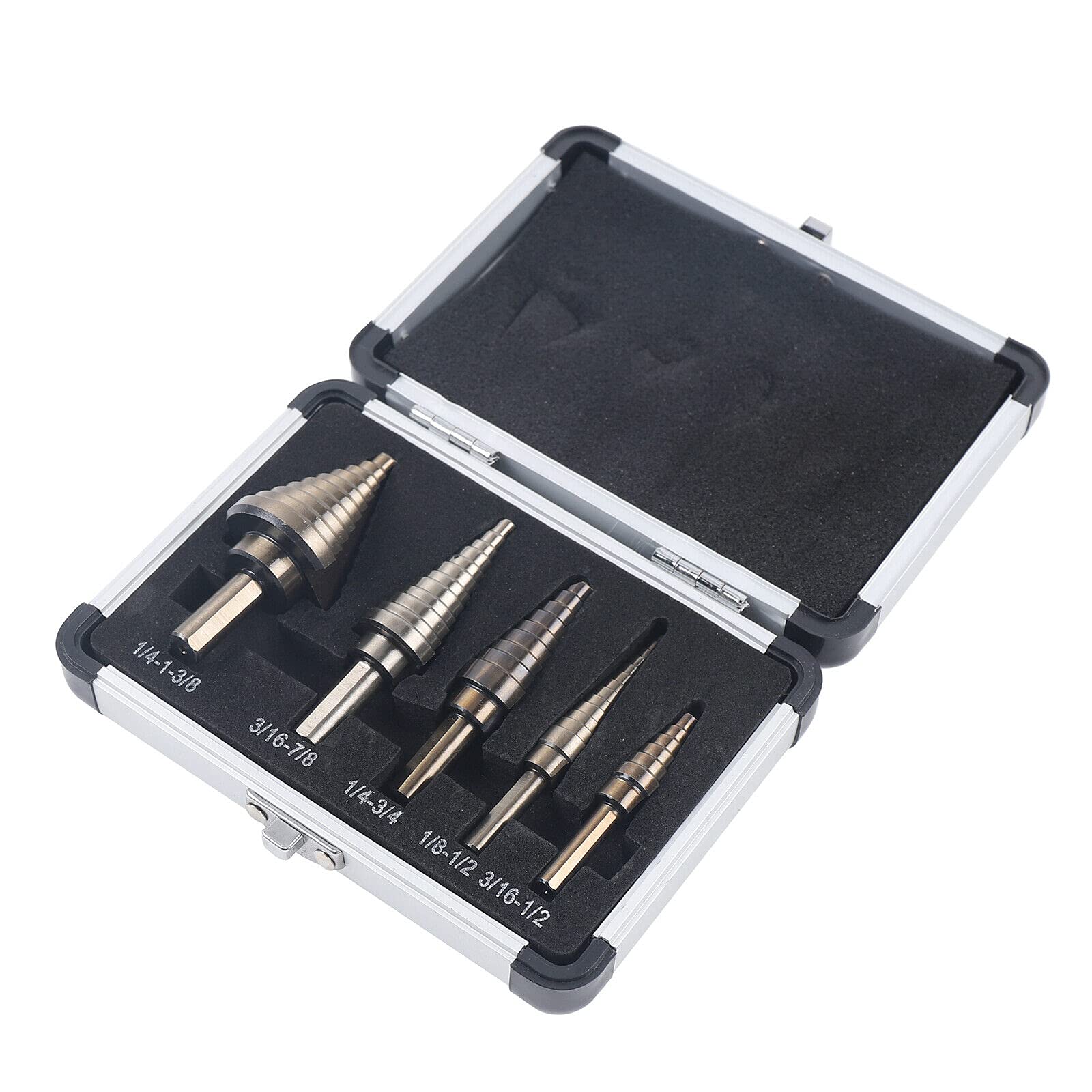 Juego de 5 brocas escalonadas HSS de cobalto profesional para acero inoxidable, metal, madera y plástico.