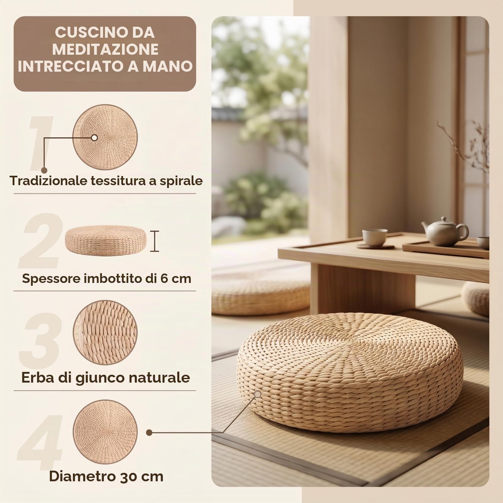 Cuscino Rotondo in Paglia per Giardino, Pouf Tatami Giapponese Spesso per Meditazione, Zen, Yoga (30cm x 5cm)