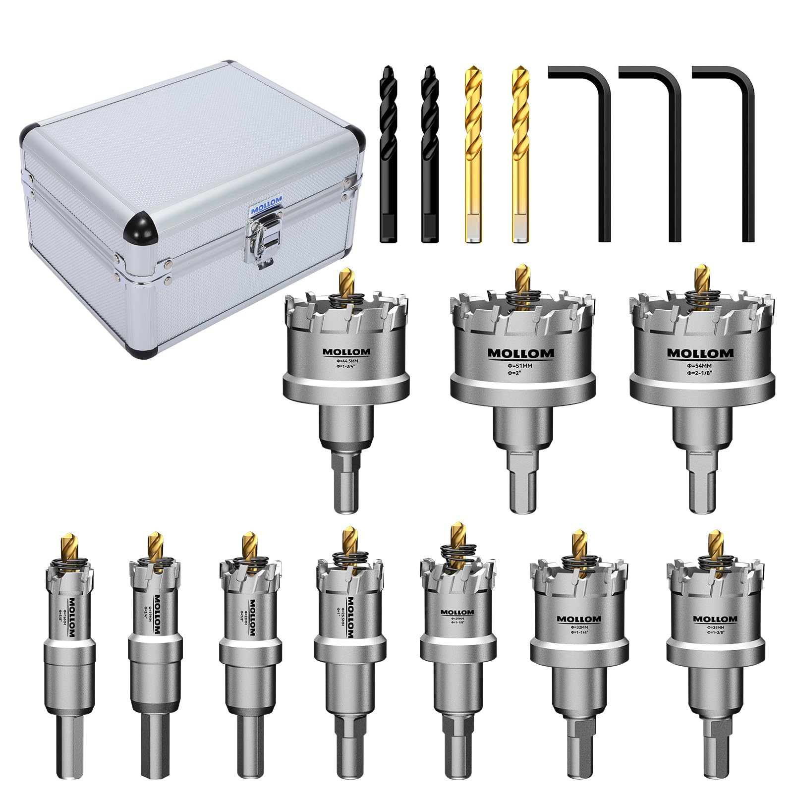 Mollom 10Pcs (16-54mm) TCT Carbide Hole Saw Kit for Hard Metal, Extra 2xTitanium & 1xStepped Pilot Drill bits and 2Pcs Hex Key for Stainless Steel,
