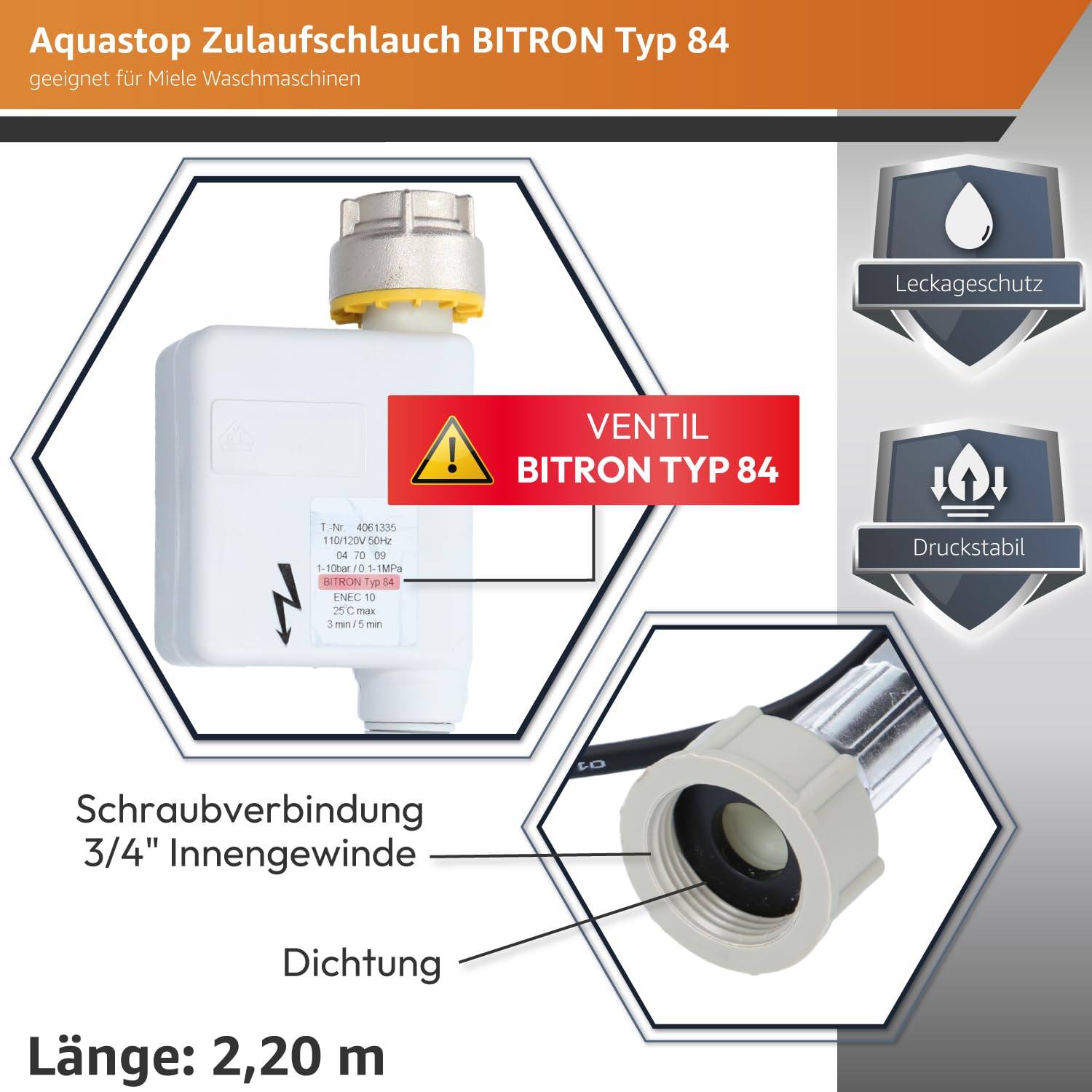Kenekos - 2,2 m Aquastop Zulaufschlauch BITRON Typ 84 geeignet für Miele Waschmaschine 4622714/4061335, 3/4 Zoll Zulauf Schlauch WPS, Aquastopp Sicherheitszulaufschlauch mit elektrischem Anschluss