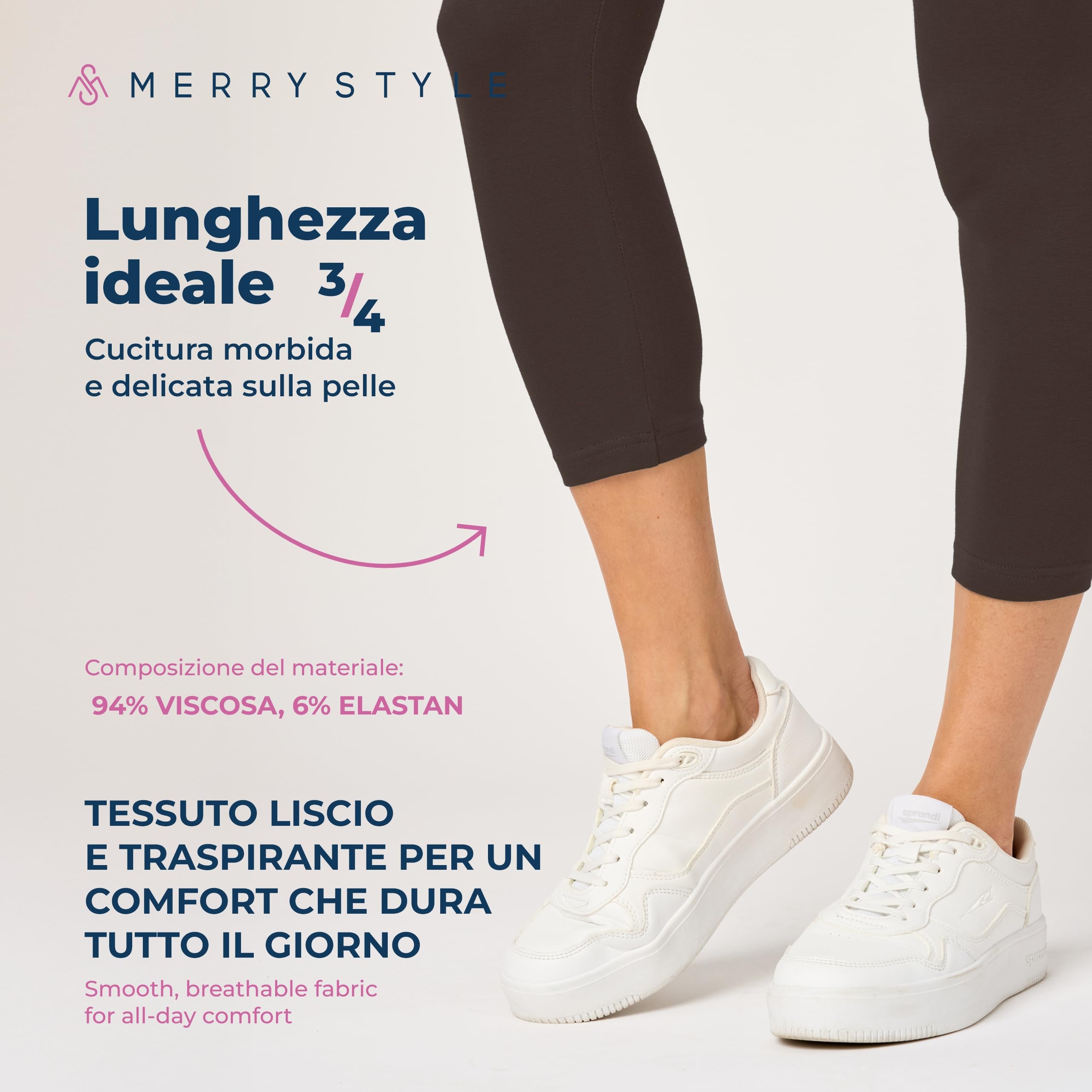 Merry Style Leggings Donna 3/4 Pantaloni Capri Morbidi e Confortevoli Leggins Donna in Cotone Traspirante Elastici e Delicati sulla Pelle Sensibile MS10-199