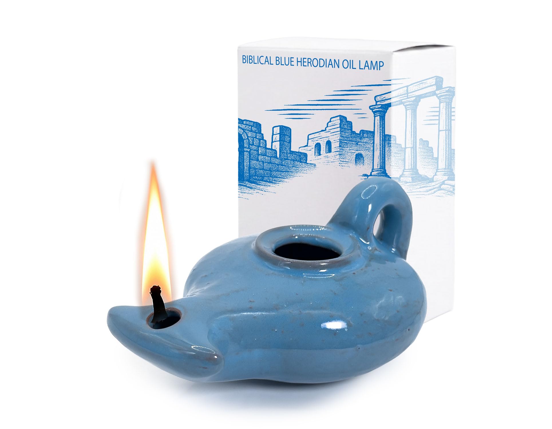 Biblical Herodian Oil Lamp with Handle - Blue Glazed Clay Replica in Gift Box with Scripture Card - Historical Christian &amp; Judaica Decor