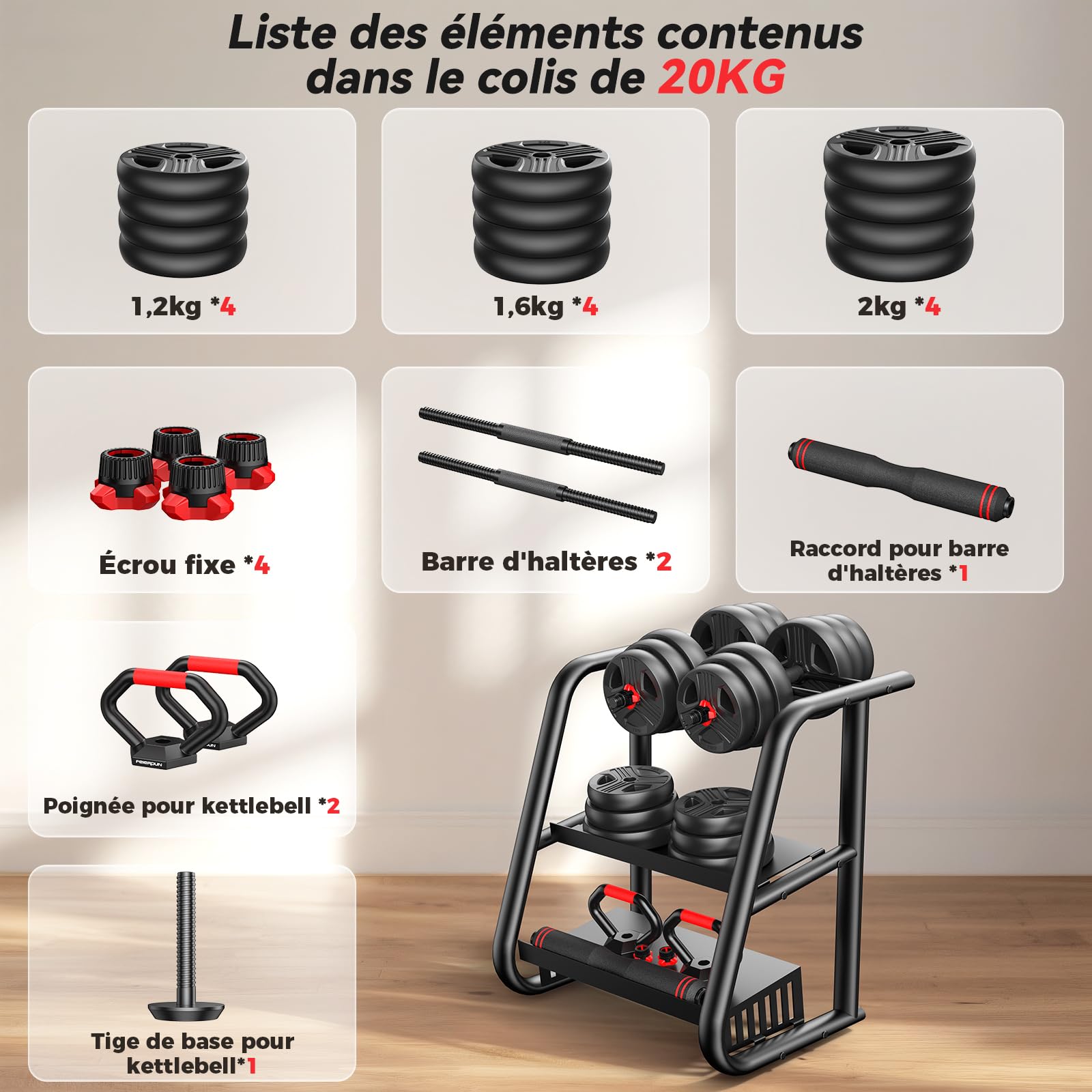 FEIERDUN 10/15/20/25/30/40kg 5 En 1 Kit Haltères Musculation, Poids Réglable, Disque Musculation Dumbbells Barres Pour La Salle De Sport