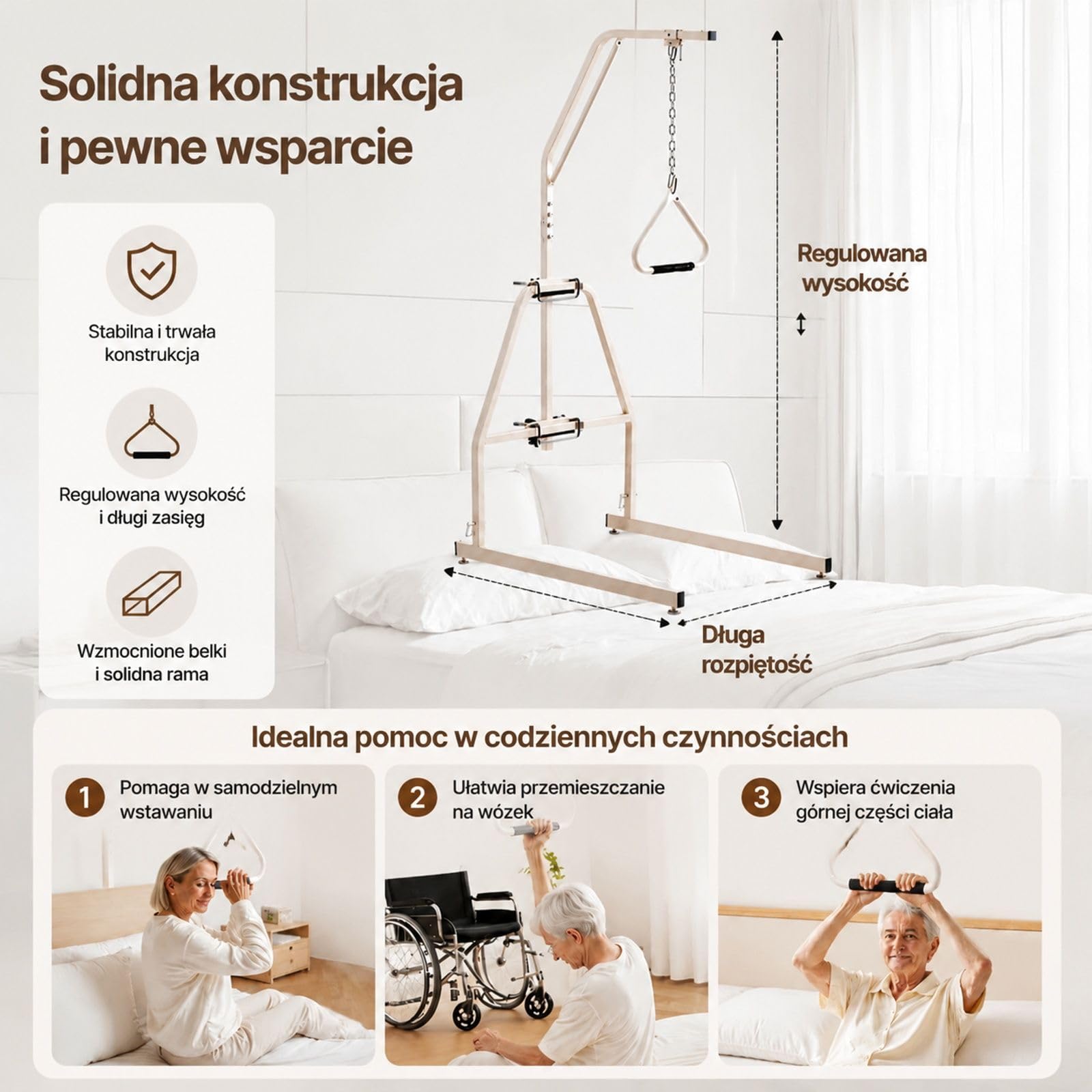 Stelaż nad łóżko z trójkątnym uchwytem i łańcuchem, stalowa konstrukcja do różnych łóżek