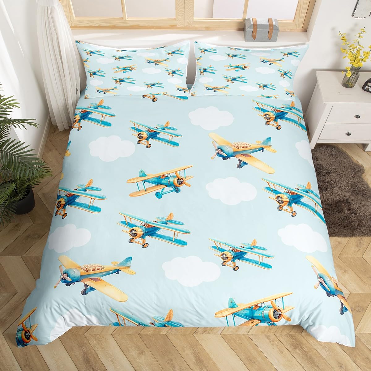 Manfei Airplane Duvet Cover,Sky Clouds Stars Aircraft Graffiti Duvet Cover for Kids Boys Girls Teens,Kids Boys Aviation Plane Cartoon Bedroom Decor Comforter Cover(No Filler) Full