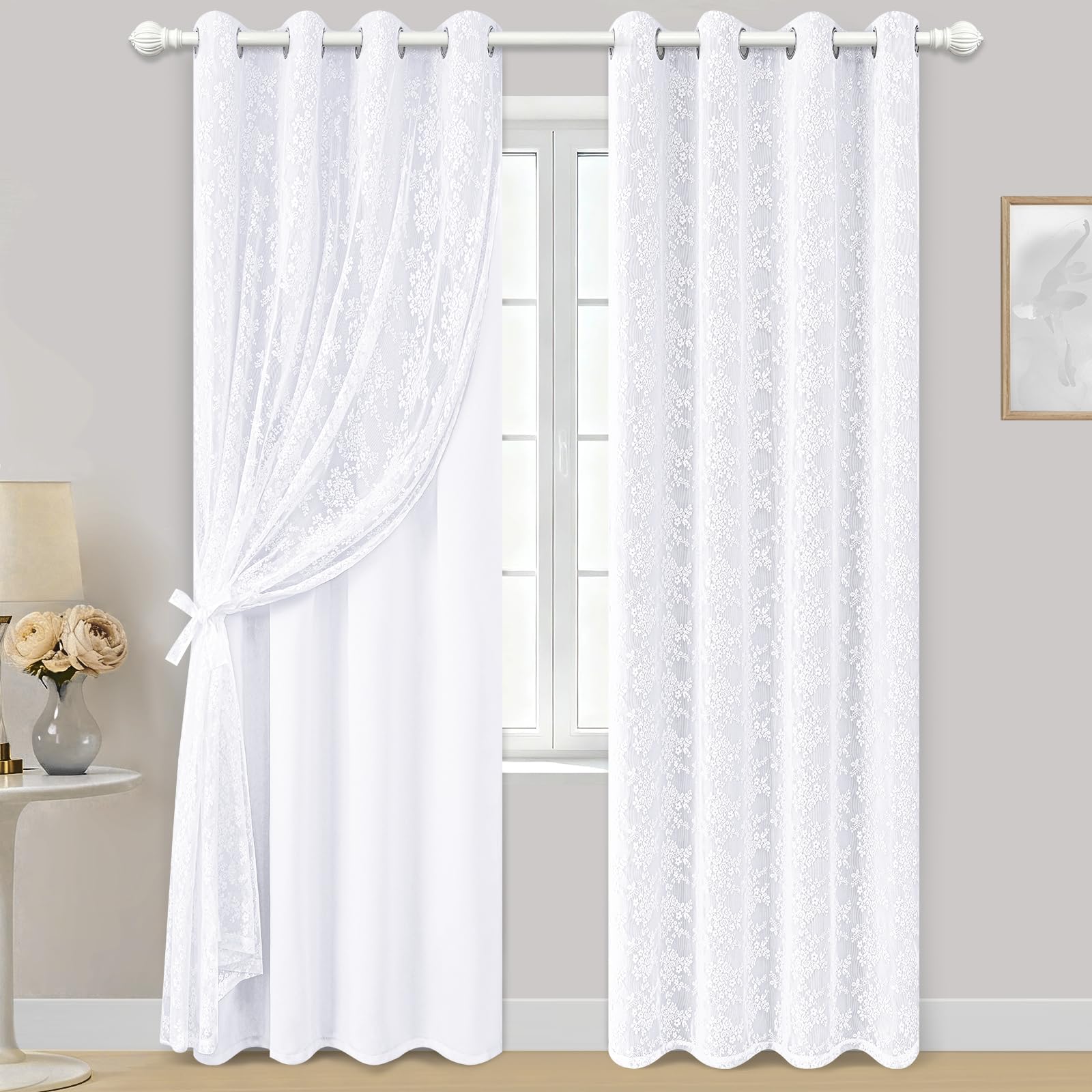Photo 1 of Yinhua White Curtains for Living Room Double Layer Blackout Curtains for Bedroom 84 Inches Long Nursery Curtain with Tiebacks, Thermal Insulation Grommet Drapes for Dining Room, 52" W x 84" L