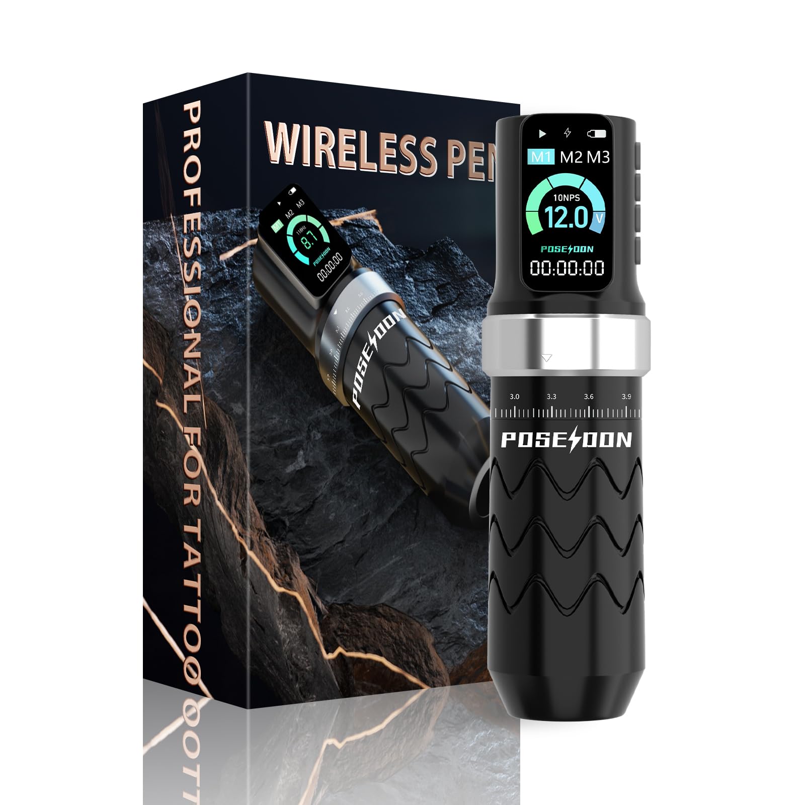 POSEIDON Kit machine à tatouer sans fil avec 7 réglages de course, deux batteries de 2300 mAh, mode normal/pointillé et écran LED – Appareil de tatouage professionnel sans fil pour débutants (HM145)