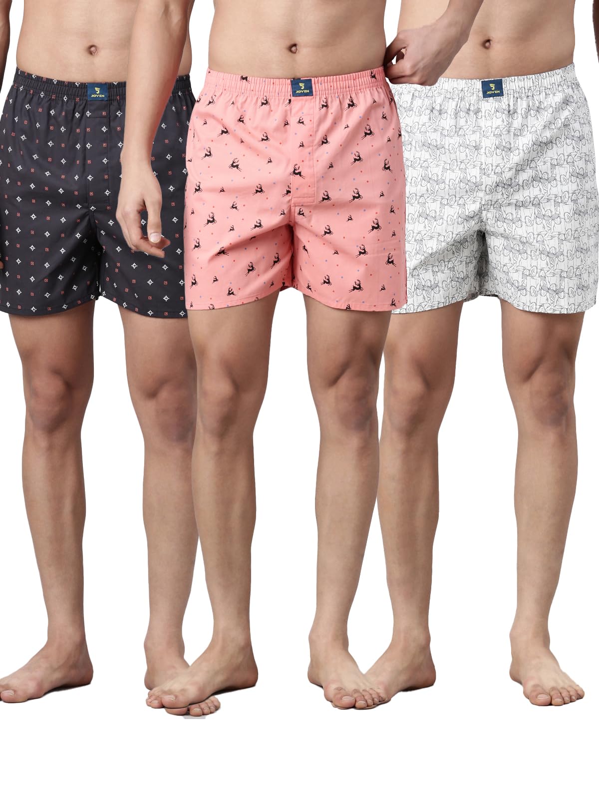 JOVENMen Grey, Ivory and Peach Printed Compact Cotton Regular Fit Boxer Shorts Pack of 3