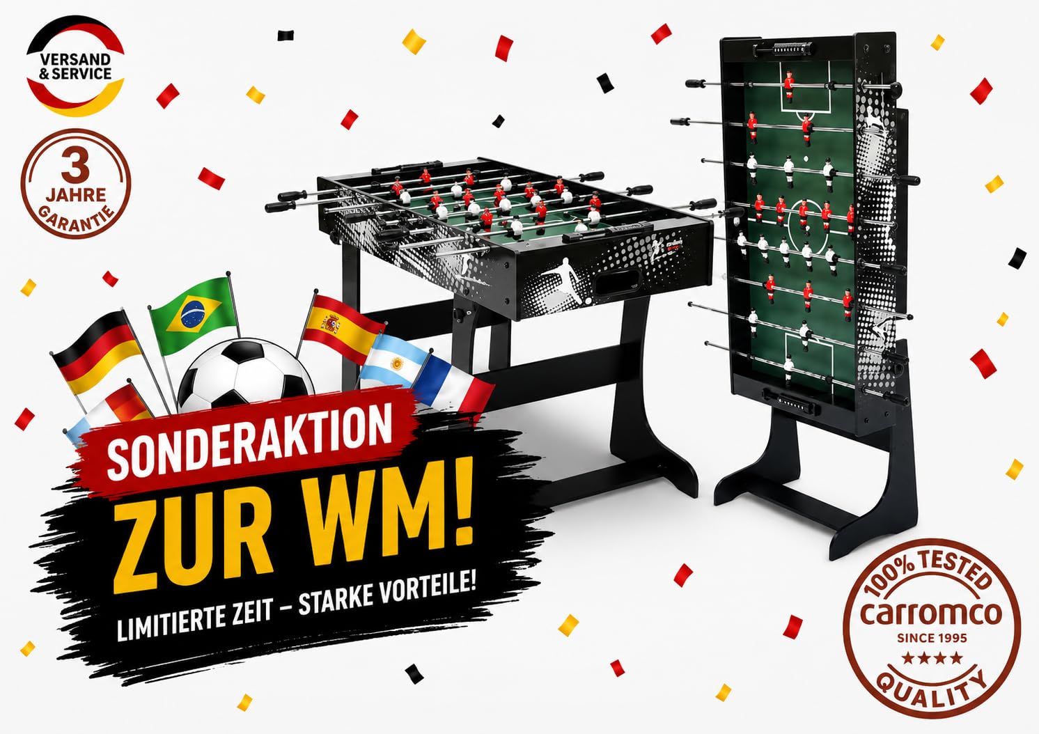 CARROMCO Rialto XT Tischkicker| Klappbarer Kinder - & Jugend - Kickertisch | KLAPPBARER TISCHKICKER: Platzsparender Kicker (17,5 kg) für 2-4 Spieler. Inklusive 2 Bällen & praktischer Wandhalterung