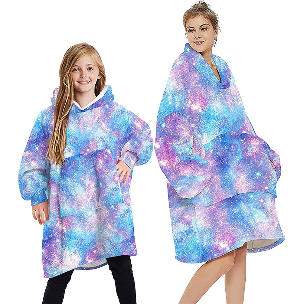 Youlike Women's Blue Galaxy Oversized Blanket Hoodie For Girls - Sherpa Fluffy Fleece Wearable Hooded With Big Pocket(Blue Galaxy)