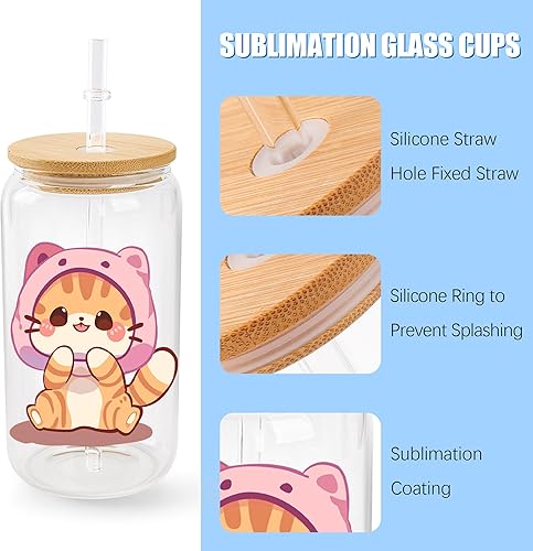 Miniatura 4 de Paquete de 10 vasos de sublimación en blanco con tapas y pajitas de bambú, vasos de vidrio esmerilado de 16 onzas con películas retráctiles para