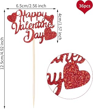 36Pcs Happy Valentine's Day Cupcake Toppers Red Glitter Heart Cupcake Picks Valentine Theme Birthday Cake Decorations Party Supplies