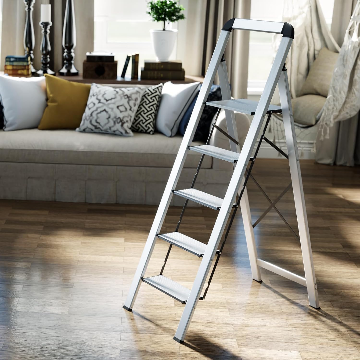 KINGRACK Aluminum 5 Step Ladder, Lightweight Step Stool with Non-Skid Pedals, Handrail, 330 LBS Foldable Step Ladder for Kitchen, Garage, Home, Space Saving, Sturdy and Portable, Silver - Image 8