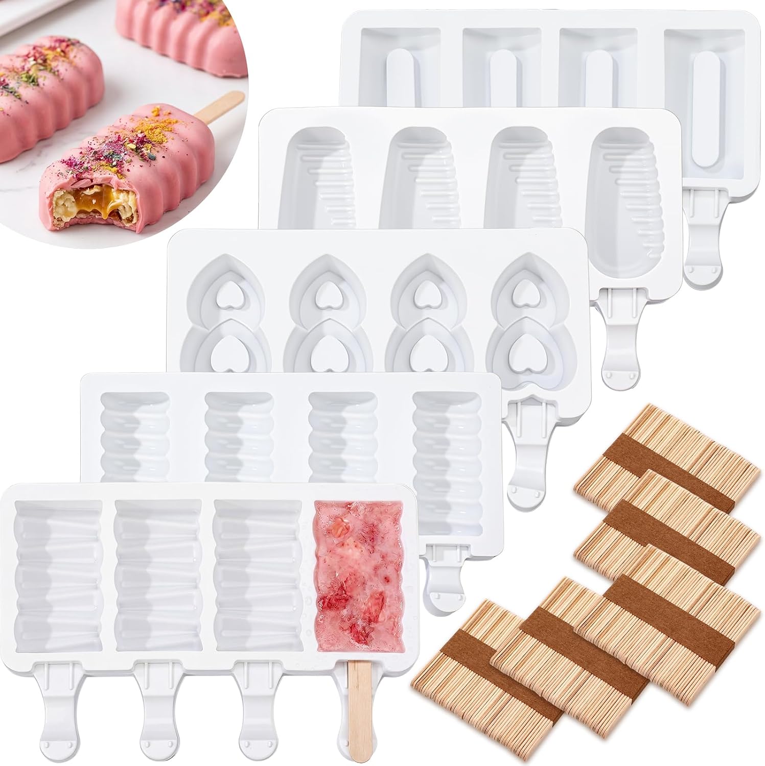 5 Pack Large Ice Cream Molds with Sticks 4 Cavities Cake Pop Silicone Molds Oval Ice Cream Cakesicle Mold for Homemade Ice-pop with 250 Wooden Sticks, Non-stick Flat Design, Easy Release