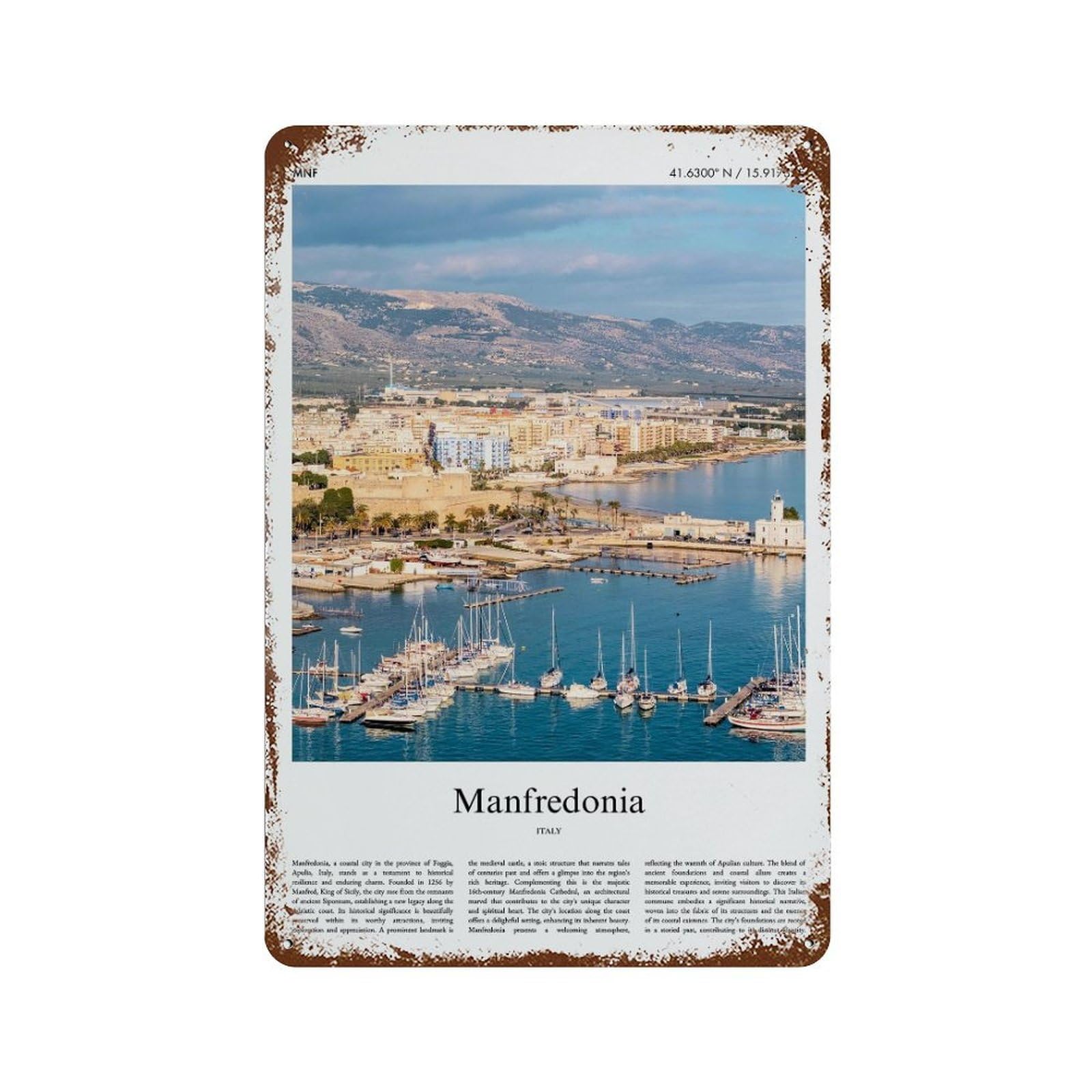 xiaoxiaoshen Manfredonia Italy City Scenery Wall Decor Art Metal Tin Poster Modern Home Decor Art Home Bar Shop Decorations Vintage Sign 30x20cm