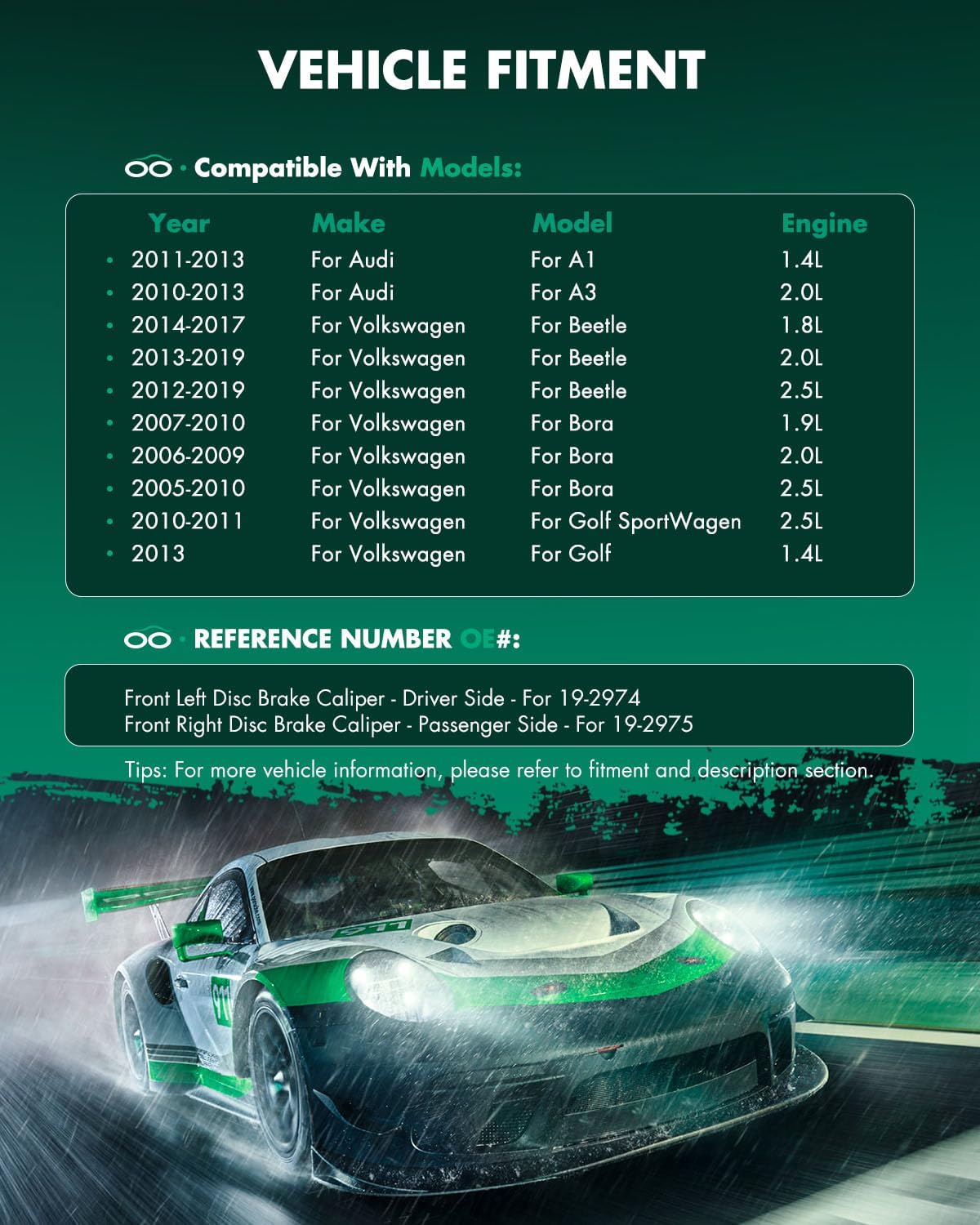 SCITOO Front Brake Calipers Without Bracket 19-2975 19-2974 Compatible For Audi For A1 2011-2013,For Audi For A3 2010-2013,For Volkswagen For Type 1 2012-2019,For Volkswagen For Bora 2005-2010